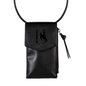 black crossbody puse with zipper on left side and flap to pocket on front. has wyoming and bucking horse imprinted on flap