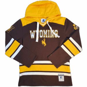 brown starter sweatshirt with gold hood. has wyoming lettering embroidered center chest with gold bucking horse below. has white and gold stripes on waist, and sleeves.