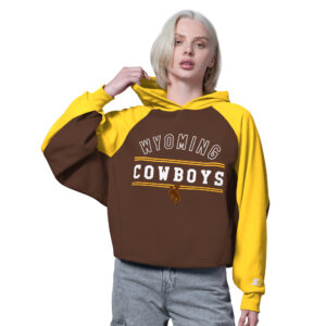 women's brown hood with gold top on sleeves and hood. has arched wyoming in white with cowboys below and brown bucking horse below that all centered on chest.