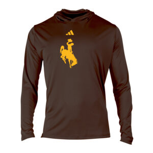 brown adidas hooded long sleeve with gold bucking horse center chest with gold adidas logo above