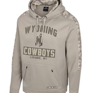 tan hooded sweatshirt with camo inside sleeve. has camo on top of shoulder and back of arm/ arched wyoming with bucking horse below and cowboy sbelow that all center chest. laramie wy at bottom