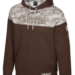 brown hooded sweatshirt with camo on top. has camo inside hood. wyoming cowboys lettering with bucking horse to left on center chest. has grey flag and oht logo on left sleeve