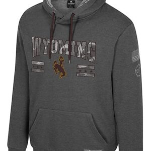 grey hooded sweatshirt with camo inside hood. has wyoming lettering in camo with brown bucking horse below. grey flag and oht logo on left sleeve