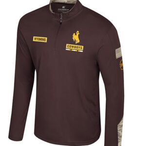brown 1/4 zip with camo patch and oht logo on left sleeve. has wyoming lettering in gold box on right chest and bucking horse with cowboys below on left chest camo collar and back of sleeves