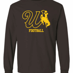 brown long sleeve with design center chest. design is gold cursive w with bucking horse to the left. has football lettering in gold below