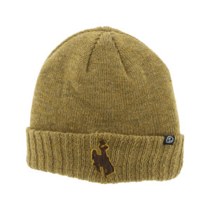 copper colored beanie with no pom. has embroidered brown bucking horse on front cuff