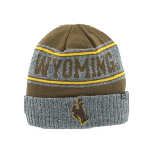 brown and grey beanie with brown wyoming lettering on grey middle section with gold lines top and bottom. has grey cuff with brown bucking horse centered