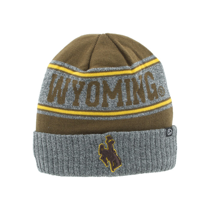 brown and grey beanie with brown wyoming lettering on grey middle section with gold lines top and bottom. has grey cuff with brown bucking horse centered