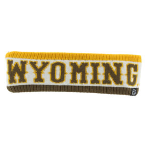 white headband with brown wyoming lettering with gold outline across. has gold line on top and brown line on bottom