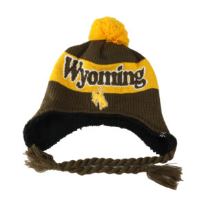 brown and gold beanie with gold pom on top. wyoming lettering in brown on gold section with gold embroidered bucking horse below. inside of hat is black. has two brown strings hanging from ear to tie