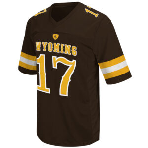 brown youth sized football jersey. Word Wyoming and number 17 on front in gold with white outline