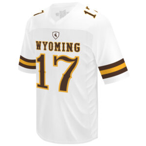 front of white football jersey, gold and brown stripes on sleeves, brown shield with brown bucking horse above gold word Wyoming above brown number 17