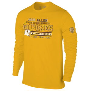 gold long sleeve with josh allen saying on front chest center. has go pokes and helmet with wyoming cowboys lettering below. years he played below all. allen patch on left sleeve