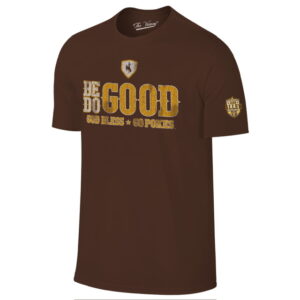 brown shirt sleeve with design center chest. design is be good do good god bless go pokes saying by josh allen. all in white and gold. has allen patch on left sleeve.