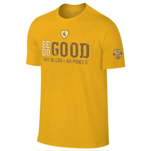 gold tee shirt with design center chest. design is be good do good god bless go pokes saying by josh allen. all in white and brown. has allen patch on left sleeve.