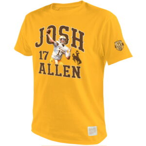 gold tee shirt with gold josh allen lettering. picture of josh Allen playing brought to front in middle of design, gold bucking horse to the left, 17 to the right. josh allen patch on left sleeve