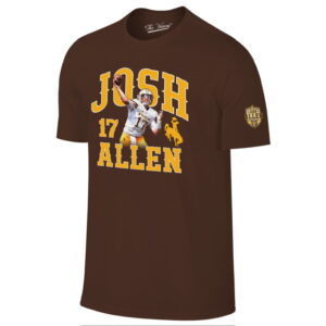 brown tee shirt with gold josh allen lettering. picture of josh Allen playing brought to front in middle of design, gold bucking horse to the left, 17 to the right. josh allen patch on left sleeve
