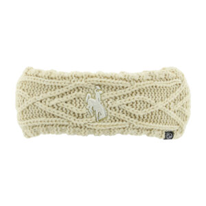 cream women's knitted headband. has white embroidered bucking horse centered