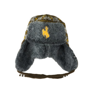winter beanie with azteck deisgn in white and gold on brown. inside is grey soft fur with ear flaps and brown strings to tie under chin. gold embroidered bucking horse on forehead
