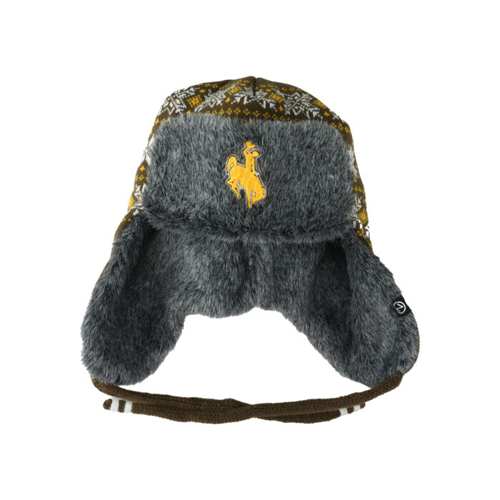 winter beanie with azteck deisgn in white and gold on brown. inside is grey soft fur with ear flaps and brown strings to tie under chin. gold embroidered bucking horse on forehead