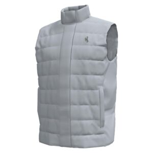 grey under armour puffer vest. has small dark grey bucking horse on left chest. zipper and zipper cover going all the way down the front. pocket on the left and right of the front of the vest