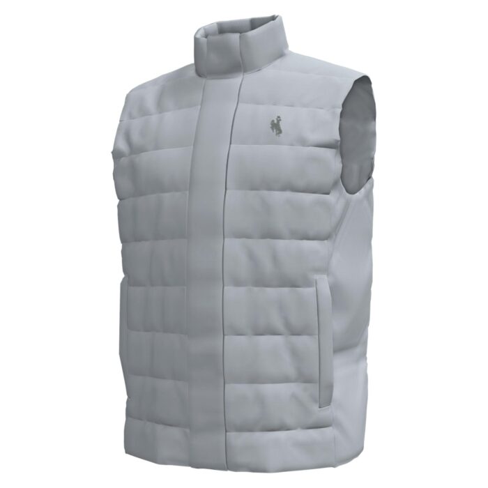 grey under armour puffer vest. has small dark grey bucking horse on left chest. zipper and zipper cover going all the way down the front. pocket on the left and right of the front of the vest