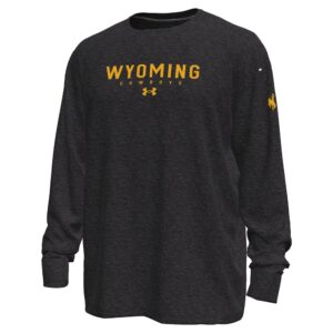 black long sleeve under armour. has gold design center chest. design is wyoming lettering with small cowboys below and under armour logo below that. has bucking horse on left sleeve