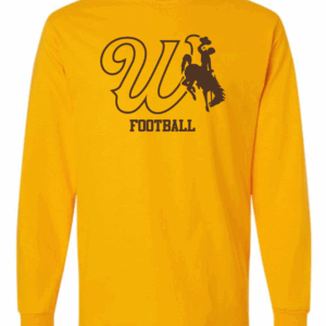 gold long sleeve with brown design center chest. design is cursive w with bucking horse to the left. has football lettering below