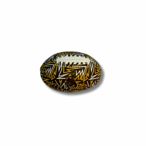 brown and gold grafitti all over mini plush football. has white laces to grip. brown bucking horse in middle of graffiti on the side