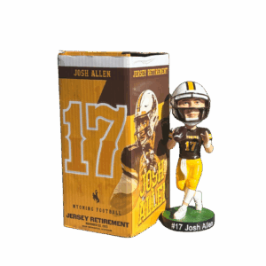 bobblehead of josh allen playing football in 17 wyoming jersey. box that it comes in on left of bobble head