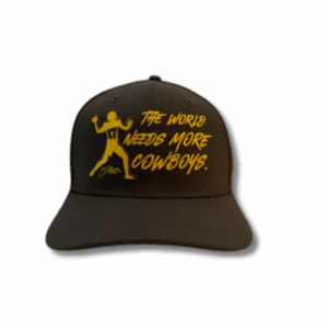 brown adjustable hat with the world needs more cowboys saying on front with gold josh allen throwing the ball to the left of saying