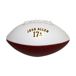 white and brown full sized autograph football with logo on the side. syas josh allen with #17 below in brown and gold