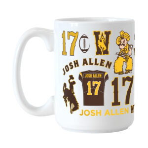 white coffee mug with scattered logos all over it. all logos are brown and gold and relate to wyoming and josh allen
