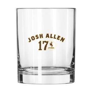 14 ounce clear glass with brown and gold josh allen logo screen-printed on side.