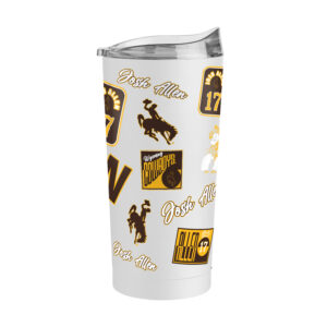 20 ounce powder coat tumbler with brown and gold logos to represent wyoming scattered. has clear fliptop lid