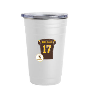 white 22 ounce stainless cup with brown josh allen 17 jersey logo with white circle on bottom left
