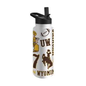 white 34 ounce quencher bottle with straw lid and handle to carry on top. has a variety of wyoming logos and josh allen logos all in brown and gold scattered all over the bottle