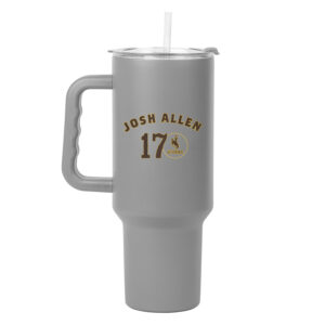 Grey 40oz tumbler with handle on side and straw top. has josh allen 17 logo on side in brown and gold