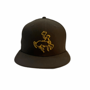 brown fitted hat with a josh allen drawn bucking horse outlined in gold on front panel