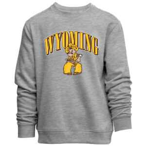 grey crewneck with design center chest. design is wyoming lettering with brown outline. has pistol pete in gold, white and brown below