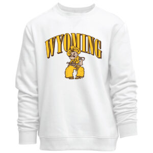 white crewneck with design center chest. design is wyoming lettering with brown outline. has pistol pete in gold white and brown below