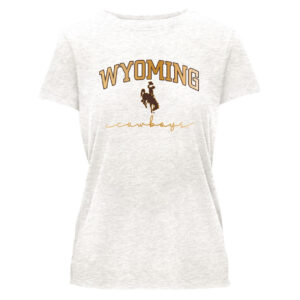 oatmeal womens sweatshirt with design center chest. design is arched Wyoming lettering in gold with brown outline and brown bucking horse below with gold cowboys script lettering below that.