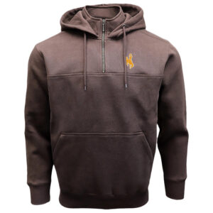 brown 1/4 zip hooded jacket with pocket on the front. has gold bucking horse on left chest