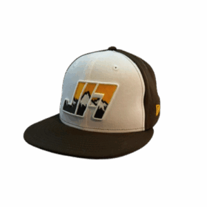 brown and white fitted hat with brown bill and back. has ja on front for josh allen and has gold brown and white mountain view inside