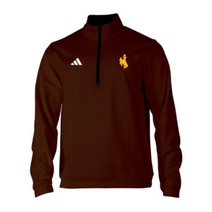 brown adidas 1/4 zip with white adidas logo on right chest and gold bucking horse with white outline on left chest