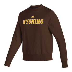 brown adidas women's crew. has gold wyoming lettering center chest with adidas logo centered above