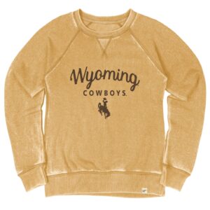 gold crewneck with brown design center chest. design is brown wyoming script lettering with brown bucking horse below and brown cowboys script below that.