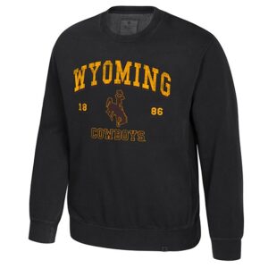 charcoal crewneck sweatshirt with design center chest. design is arch wyoming in gold with brown bucking horse below and cowboys below that. has 18 on one side of bucking horse and 86 on other