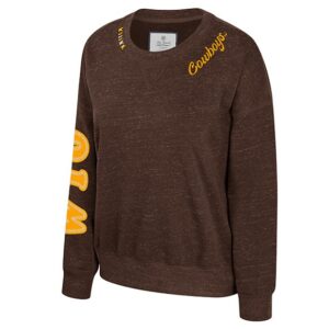 brown women's crewneck with wyo embroidered in gold on the left sleeve with cursive cowboys embroidered on left collar bone area