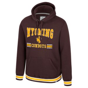 brown hooded sweatshirt with design center chest. design is wyoming lettering with bucking horse blow. has cowboys below that. white and gold pin stripes on cuffs and waistband